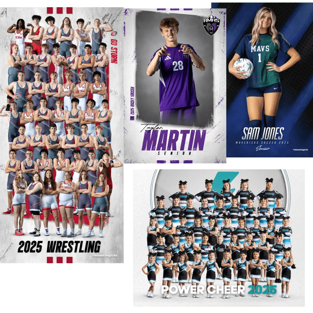Collage of custom sports banners from multiple sports including football basketball soccer volleyball
