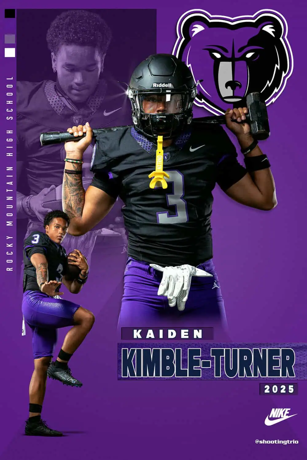 Custom football senior banner with professional lighting and dramatic pose
